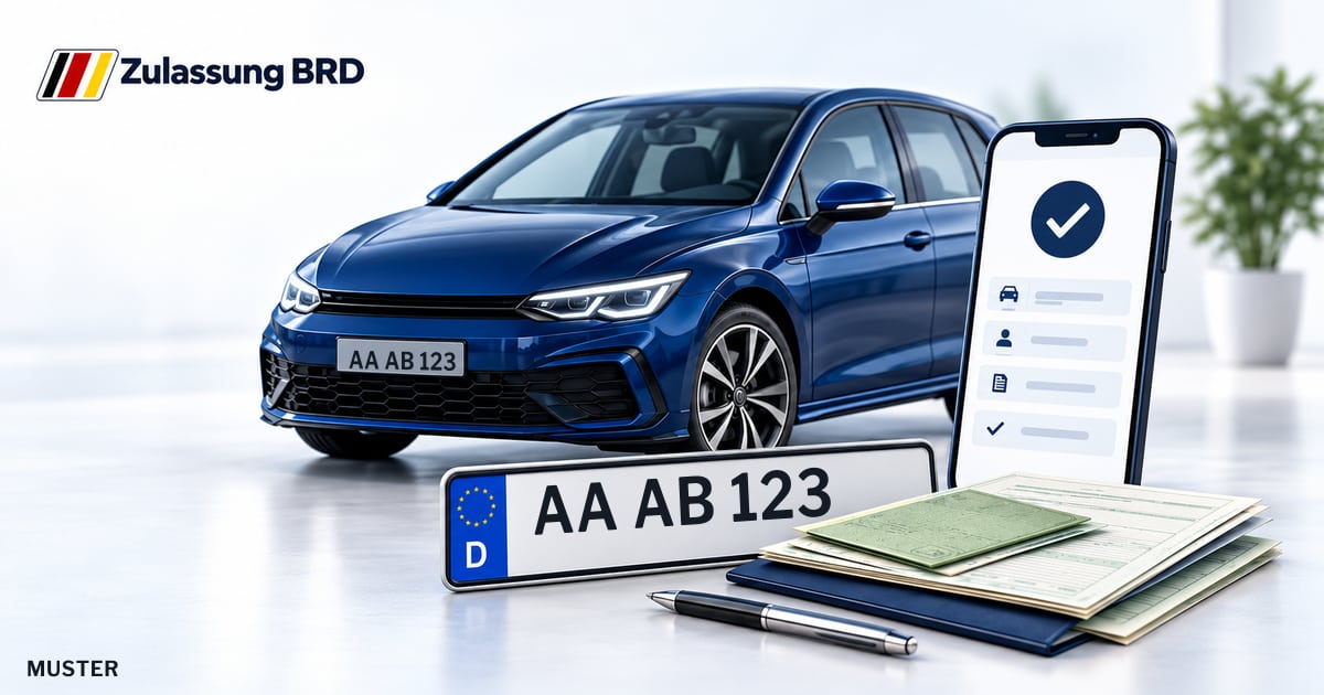 Online Fahrzeugzulassung in Bopfingen: Musterkennzeichen AA AB 123, Auto und Fahrzeugpapiere und Smartphone. Illustration mit Logo von Zulassung BRD.
